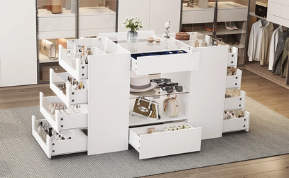Glass Display Shelf & 12 Drawers, White Dresser with Glass Top