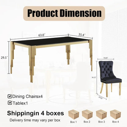5 Piece Glass Dining Table Set for 4 People, 63" Rectangular Glass Kitchen Table with 4 Velvet Upholstered Chairs, Dining Room