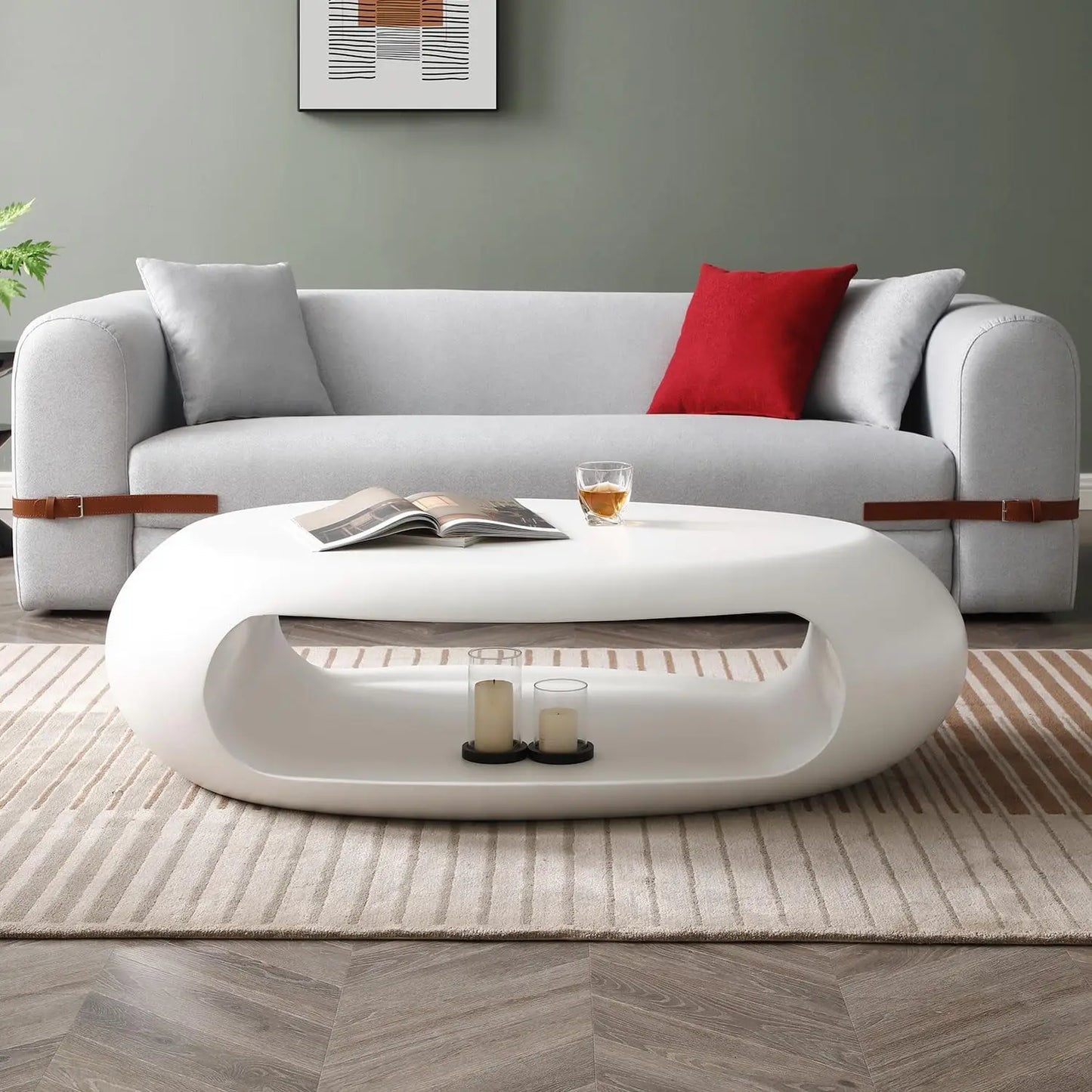 LUMISOL 53.93” Oval Coffee Table, Modern Sturdy Fiberglass Coffee Table with Storage Shelf, 2-Tier Center Cocktail Table for