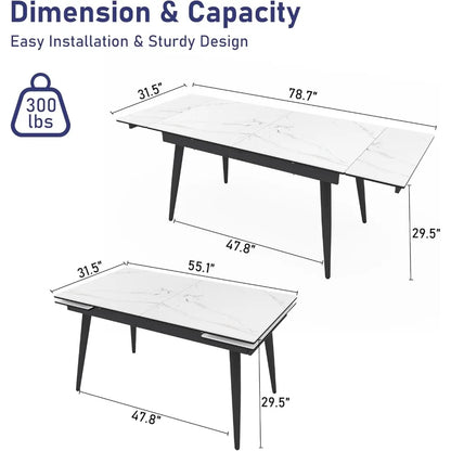 Extendable Dining Table for 4-8, 55"- 78" Rectangular Sintered Stone Dining Room Table, Faux Marble White Kitchen Table for Dini