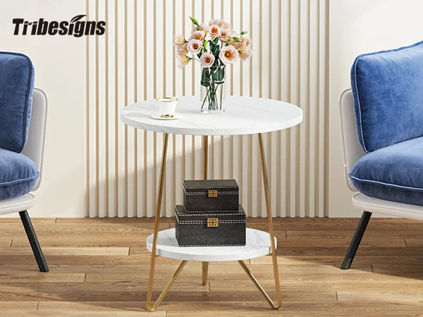 Tribesigns 2 Tier Faux Marble End Table Round Side Table with Shelves Small Coffee Accent Table for Living Room, White and Gold