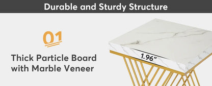 Square End Table White Gold 2-Tier Side Table Modern Small Bedside Table with Storage for Couch ( Faux Marble White+Gold)