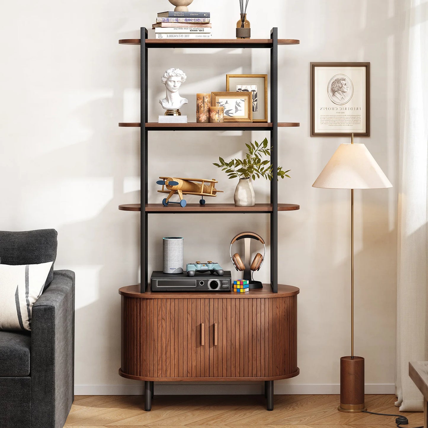Tall Bookshelf,4-Tier Book Case with Storage Cabinet