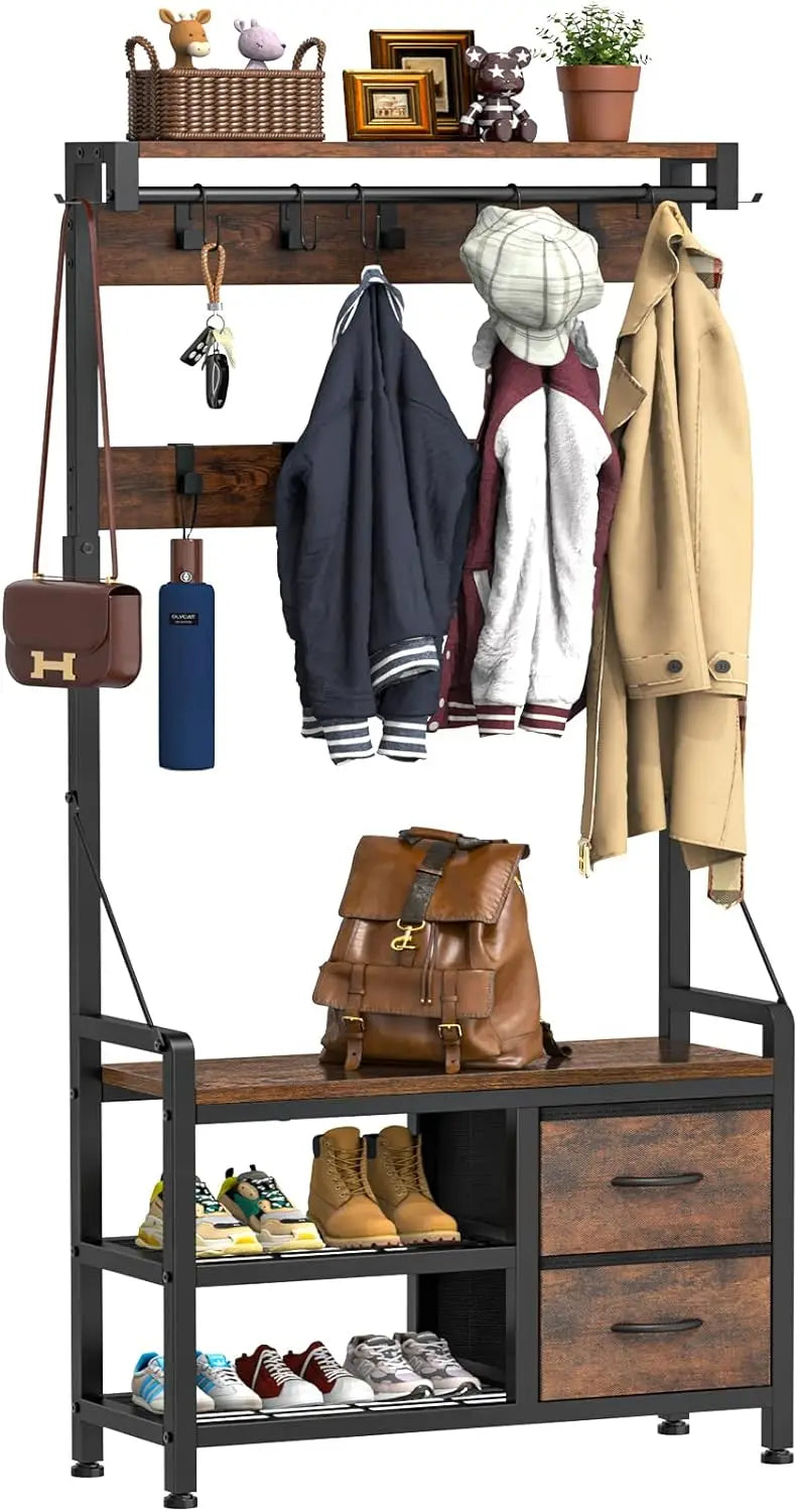 Shoe Bench and Coat Rack with Hooks and Drawers