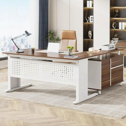 63 Inch L shaped Desk - File Cabinet, Drawers and Shelves