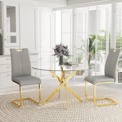 5-Piece Round Dining Table Set for 4, 47" Small Circle Tempered Glass Kitchen Table Set with Chrome Silver Leg, Upholstered