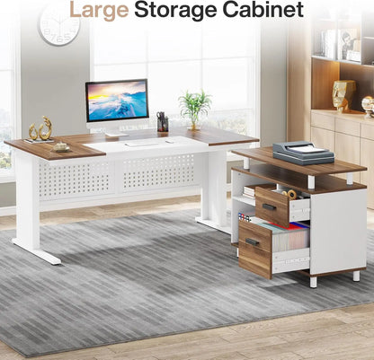 63 Inch L shaped Desk - File Cabinet, Drawers and Shelves