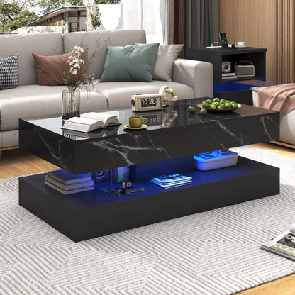 Modern Stylish Coffee Table with LED lights, Double-Layer Design for Living Room Coffee Table with 2 Storage Drawers