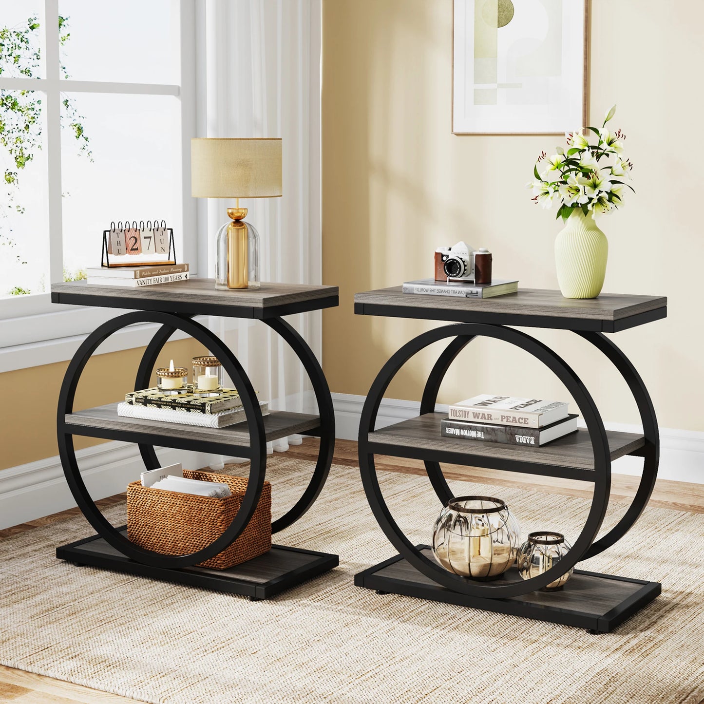 Tribesigns End Table, Narrow End Table with 3 Storage Shelves, Wooden Side Table, Industrial Small Sofa Side Table