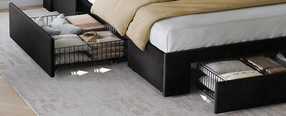 Queen Size Bed Frame with 3 Storage Drawers , Velvet Upholstered