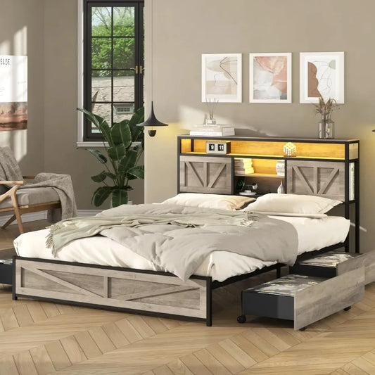 Queen Size Bed Frame with 4 Drawers