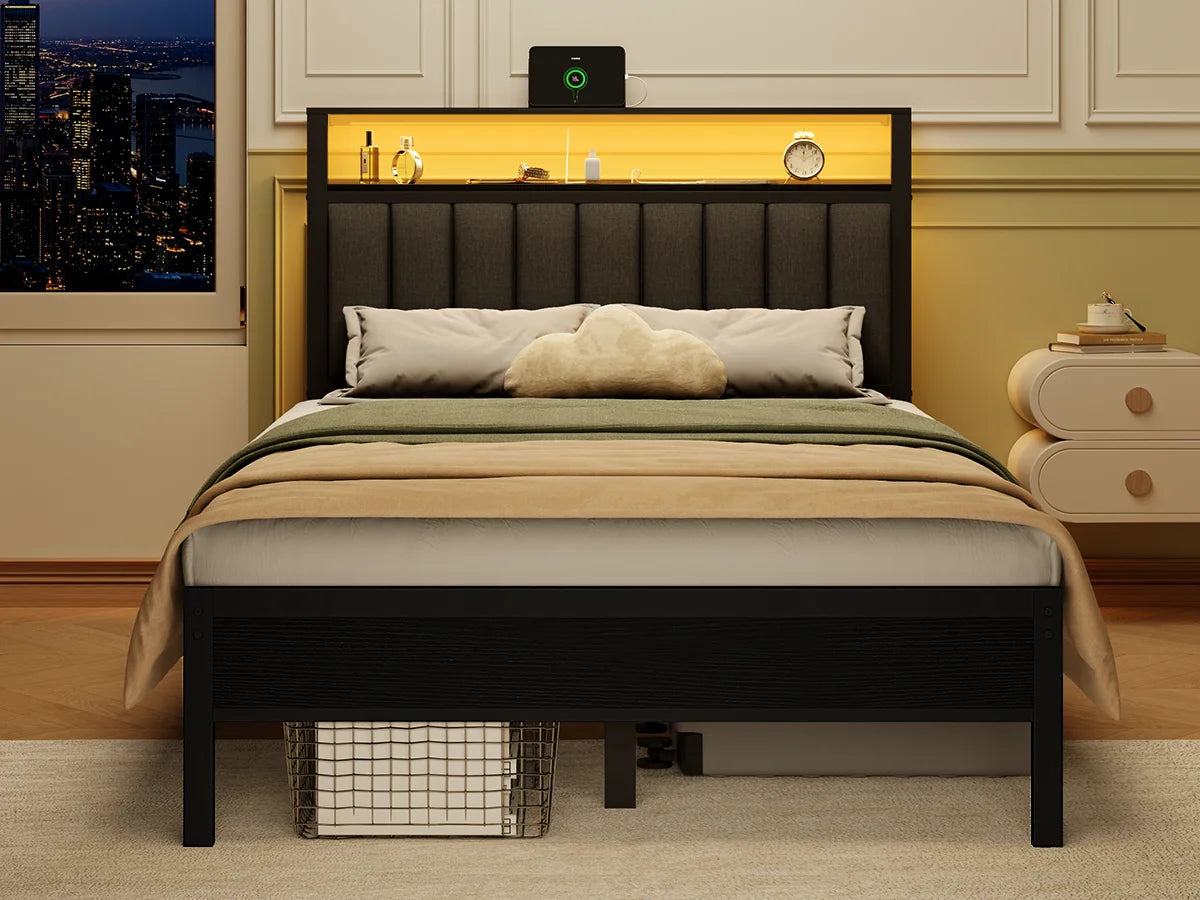 Full/Queen size bed frame with charging station, LED