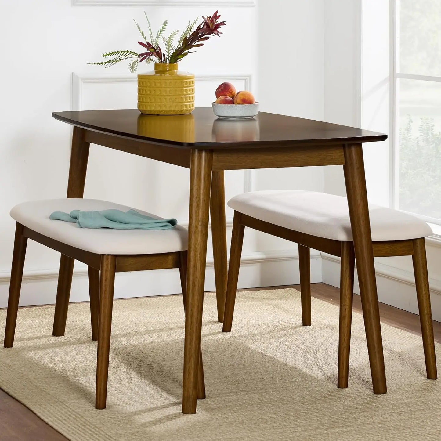 Mid-Century Modern Wood Dining Kitchen Table & Chair Best Choice Products 4-Piece Set w/ 2 Upholstered Chairs, Bench Seat -Brown