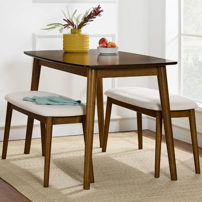 Mid-Century Modern Wood Dining Kitchen Table & Chair Best Choice Products 4-Piece Set w/ 2 Upholstered Chairs, Bench Seat -Brown