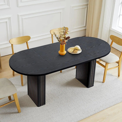 70.8 Inch Kitchen Dining Table for 4-6 People, Oval Kitchen Table with Wood Strip Base, Farmhouse Large Round Dining Room Tables