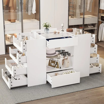 Glass Display Shelf & 12 Drawers, White Dresser with Glass Top
