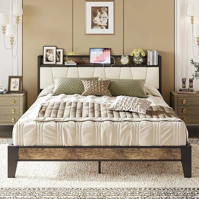 Queen Bed Frame, Storage Headboard with Charging Station