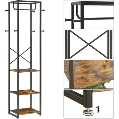 Coat Rack with 3 Shelves and 8 Hooks