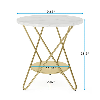 Tribesigns 2 Tier Faux Marble End Table Round Side Table with Shelves Small Coffee Accent Table for Living Room, White and Gold