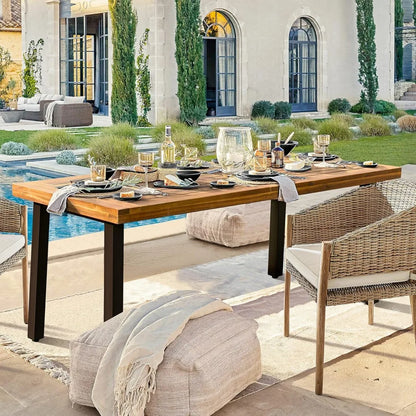 Acacia Wood Dining Table 6-Person Indoor Outdoor Tables with Iron Legs, Sandblast Finish, Natural Stained, Dining Table