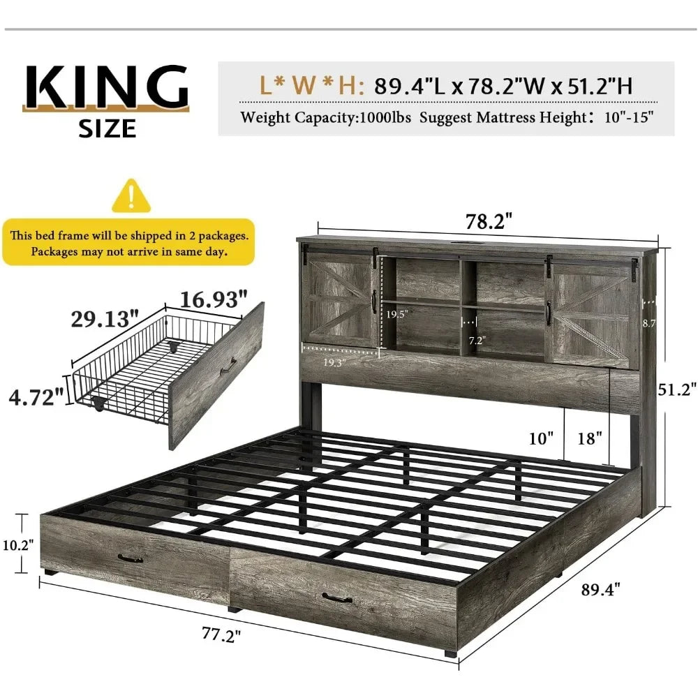 King & Queen Size Bed Frame,Wooden Platform Storage Bed with Bookcase