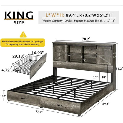King & Queen Size Bed Frame,Wooden Platform Storage Bed with Bookcase