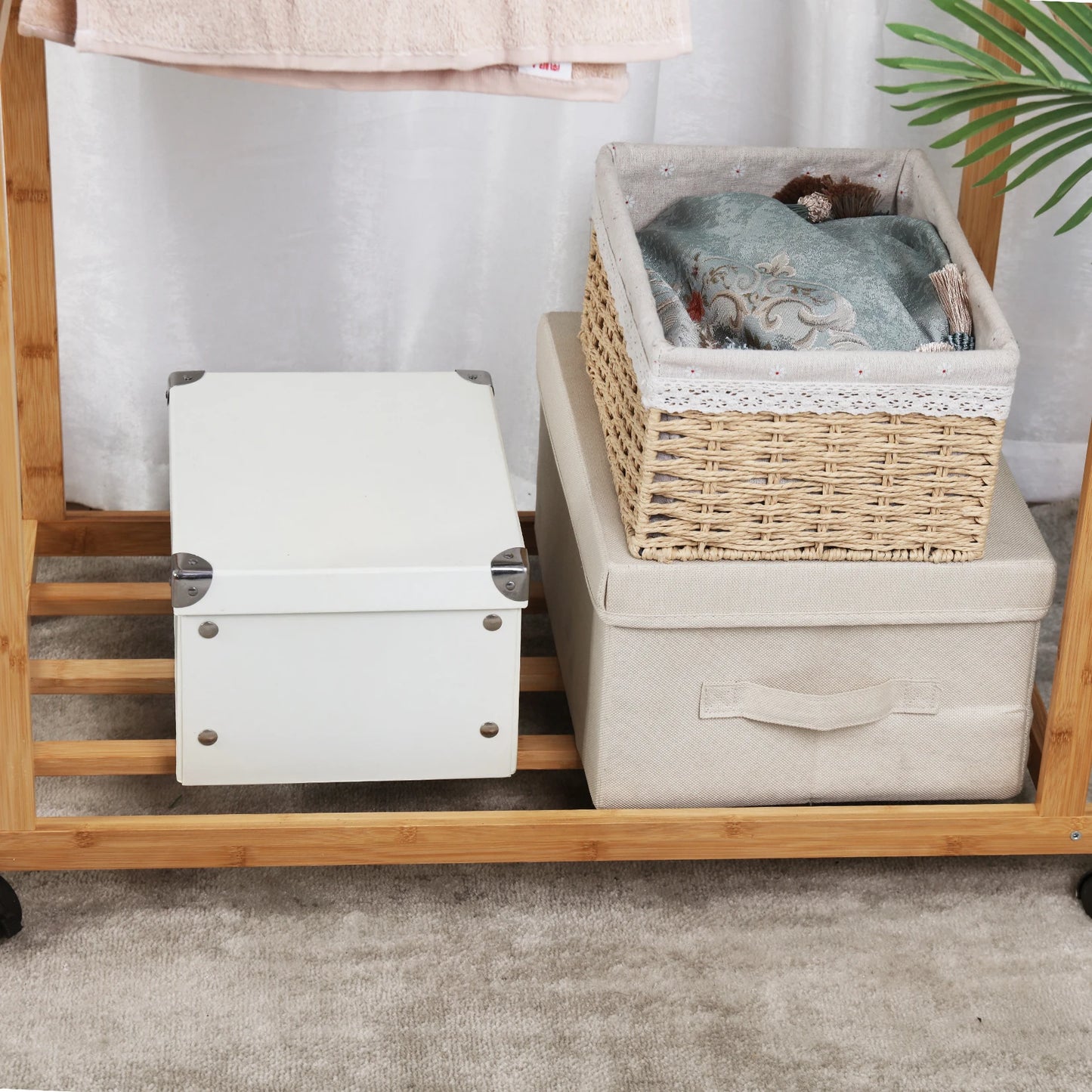 Double Hanging Rails Coat Rack with Storage Shelves