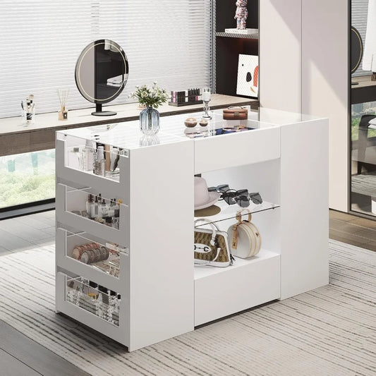 Glass Display Shelf & 12 Drawers, White Dresser with Glass Top