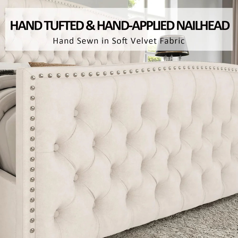 King& Queen Size Bed Frame, Velvet Upholstered