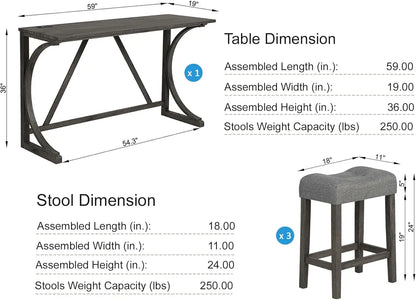 Dining Bar Table and Chairs with Power Outlet, 4 Piece Bar Table Set with Chairs, Sofa Bar Table with 3 Padded Stools