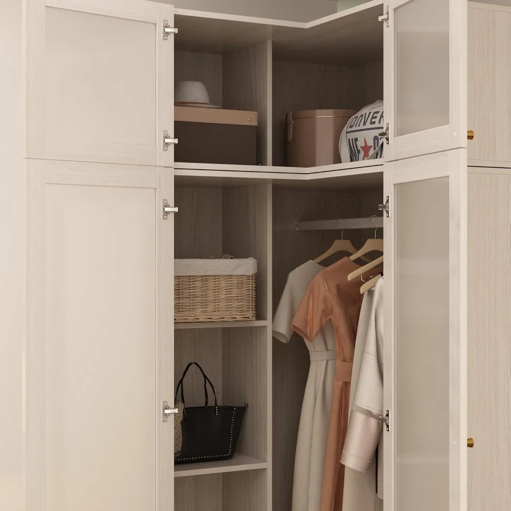 L-Shape Armoire Wardrobe Closet with Frosted Glass Doors