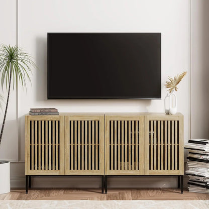 2 in 1 TV Stand with 4 Doors, Oak Sideboard, Metal Base