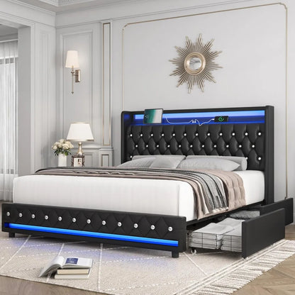 Velvet Upholstered Bed Frame with Storage – King, Queen, Full Sizes