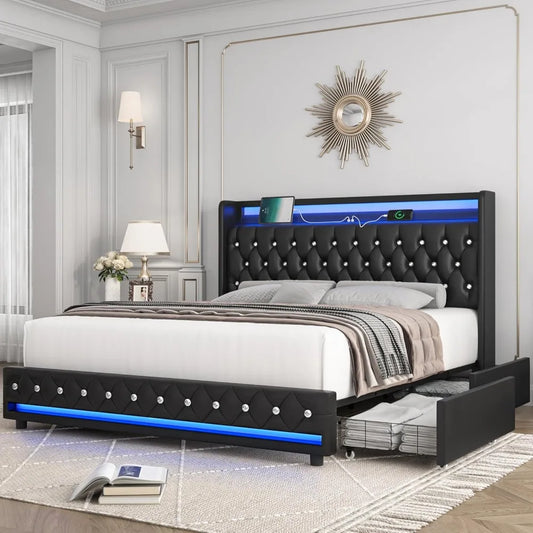 Velvet Upholstered Bed Frame with Storage – King, Queen, Full Sizes