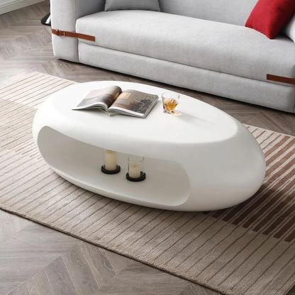 LUMISOL 53.93” Oval Coffee Table, Modern Sturdy Fiberglass Coffee Table with Storage Shelf, 2-Tier Center Cocktail Table for