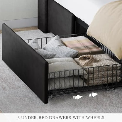 Queen Size Bed Frame with 3 Storage Drawers , Velvet Upholstered
