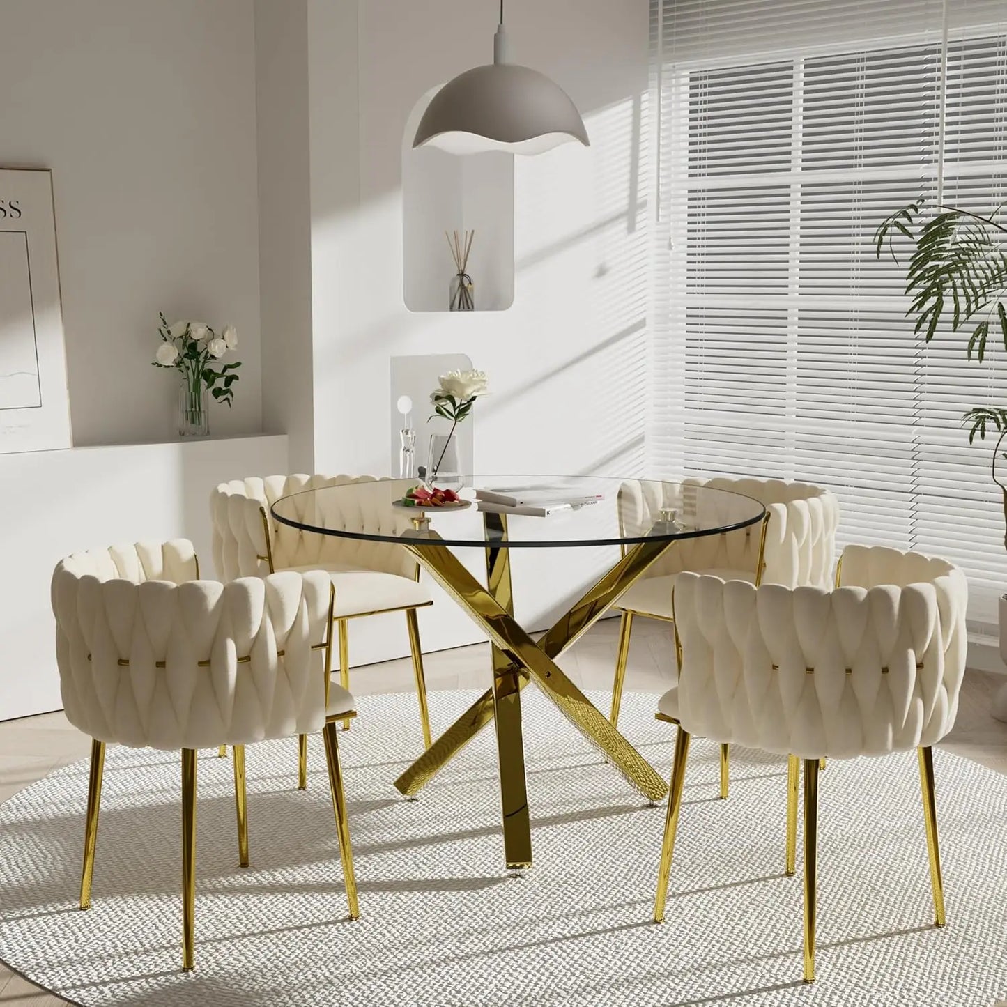 Golden Round Glass Dining Table Set for 4, 39'' Clear Dinner Table Set, 5 Pieces Modern Luxury Circle Kitchen Table and Green