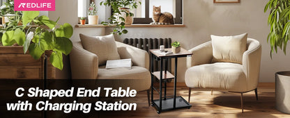 Redlife C Shaped End Table w/ Charging Station Side Table for Couch Sofa Table w/ Storage Shelf & Rolling Wheels for Small Space