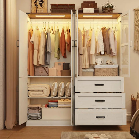 3 Drawers and LED Wardrobe with Hanging Rod
