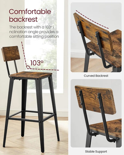 Set of 2 Bar Stools, 29.1 Inches Tall with Back