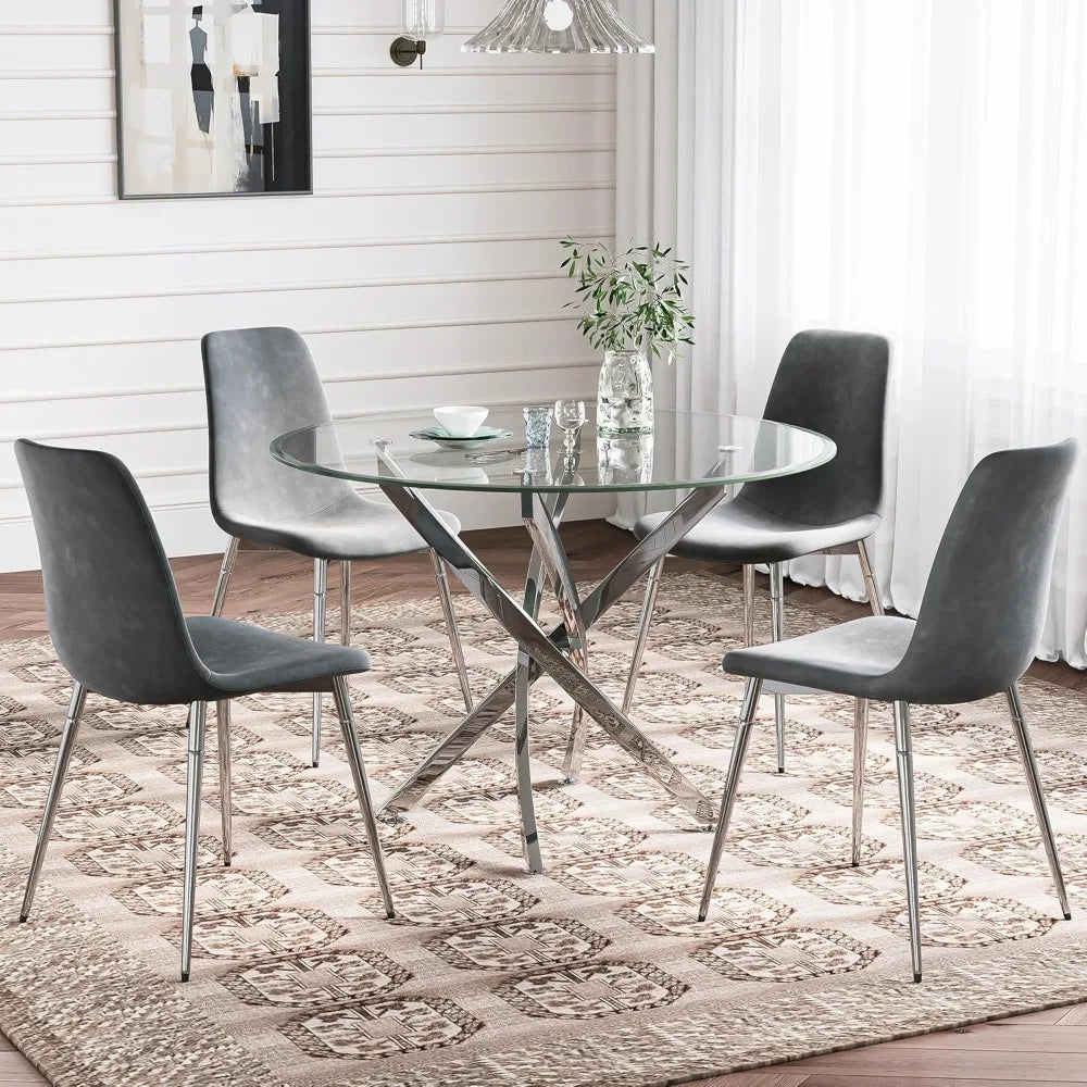 Glass Dining Table Set for 4 with Chairs, Modern 5 Piece Dining Room Set with 36" Round Tempered Glass Table & 4 Velvet Chairs