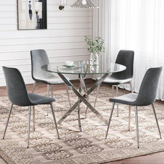 Glass Dining Table Set for 4 with Chairs, Modern 5 Piece Dining Room Set with 36" Round Tempered Glass Table & 4 Velvet Chairs
