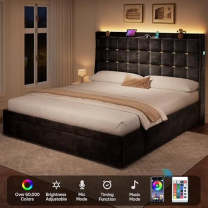 Queen Size Bed Frame with 3 Storage Drawers , Velvet Upholstered