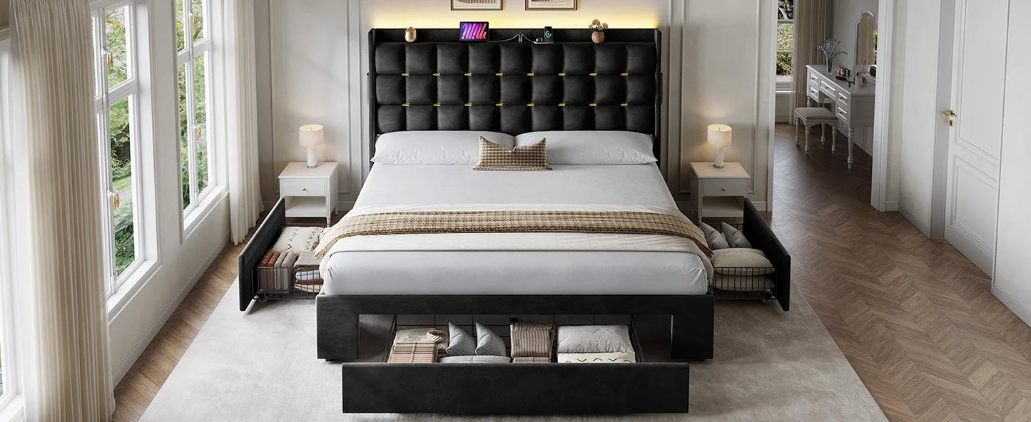 Queen Size Bed Frame with 3 Storage Drawers , Velvet Upholstered