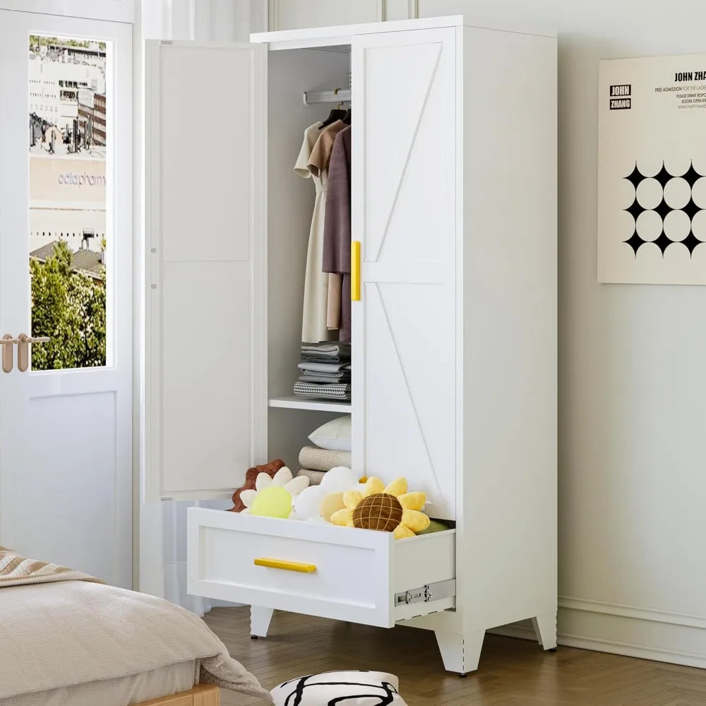 Metal Wardrobe Closet with Hanging Rod & 2 Barn Doors