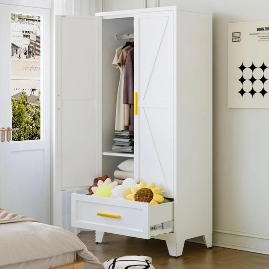 Metal Wardrobe Closet with Hanging Rod & 2 Barn Doors