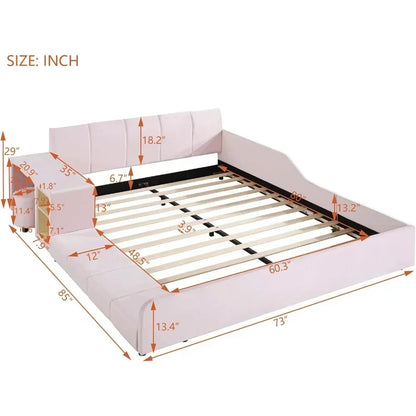 Queen Size Bed Frame with Bedside Desk and Little Round Stool