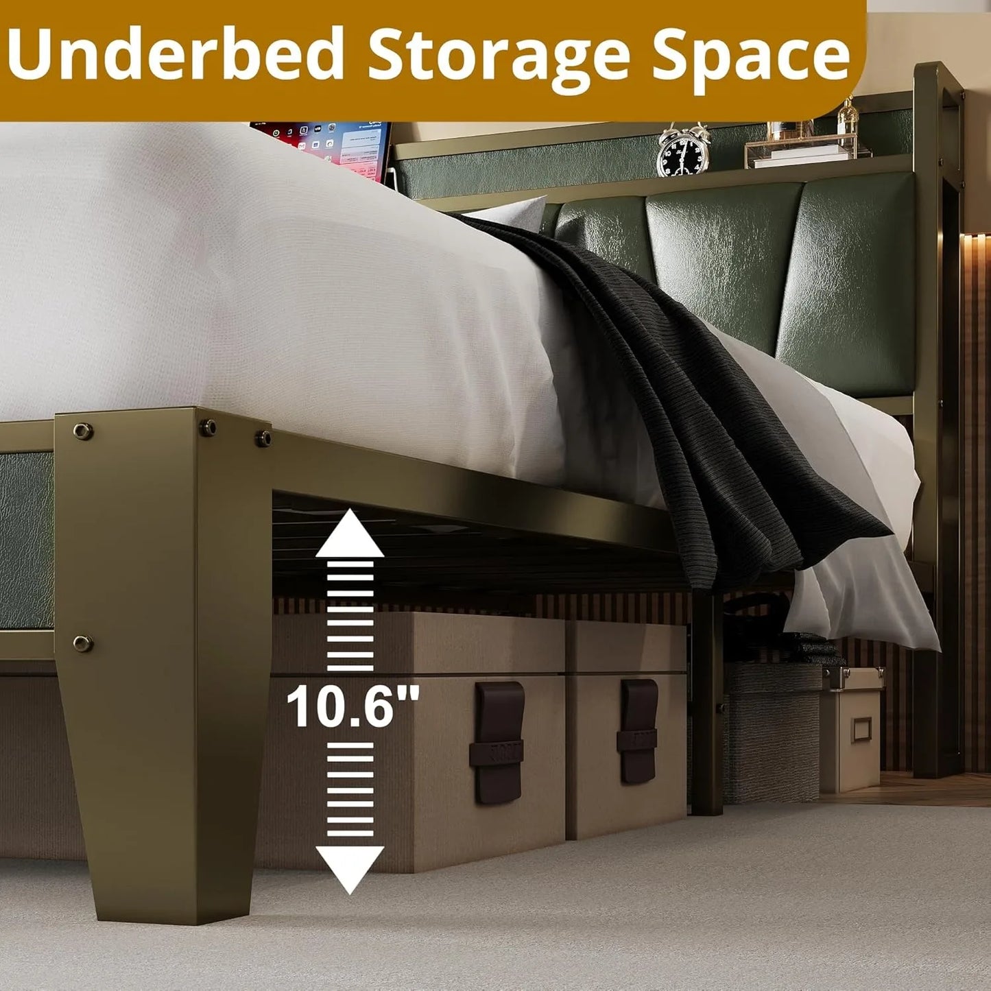 Queen Bed Frame, Storage Headboard with Charging Station