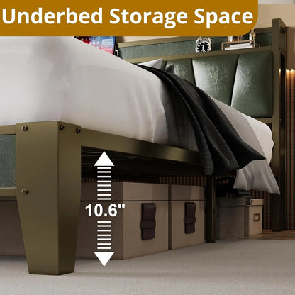 Queen Bed Frame, Storage Headboard with Charging Station