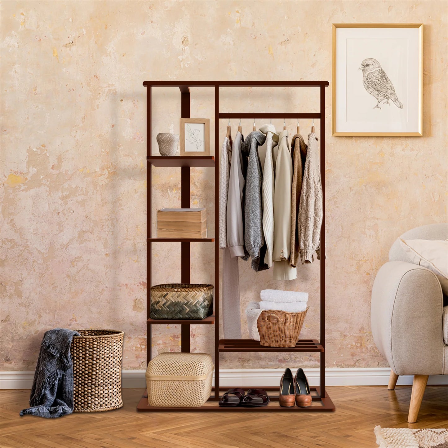 3-in-1 Bamboo Coat Rack with Shelves & Shoe Bench